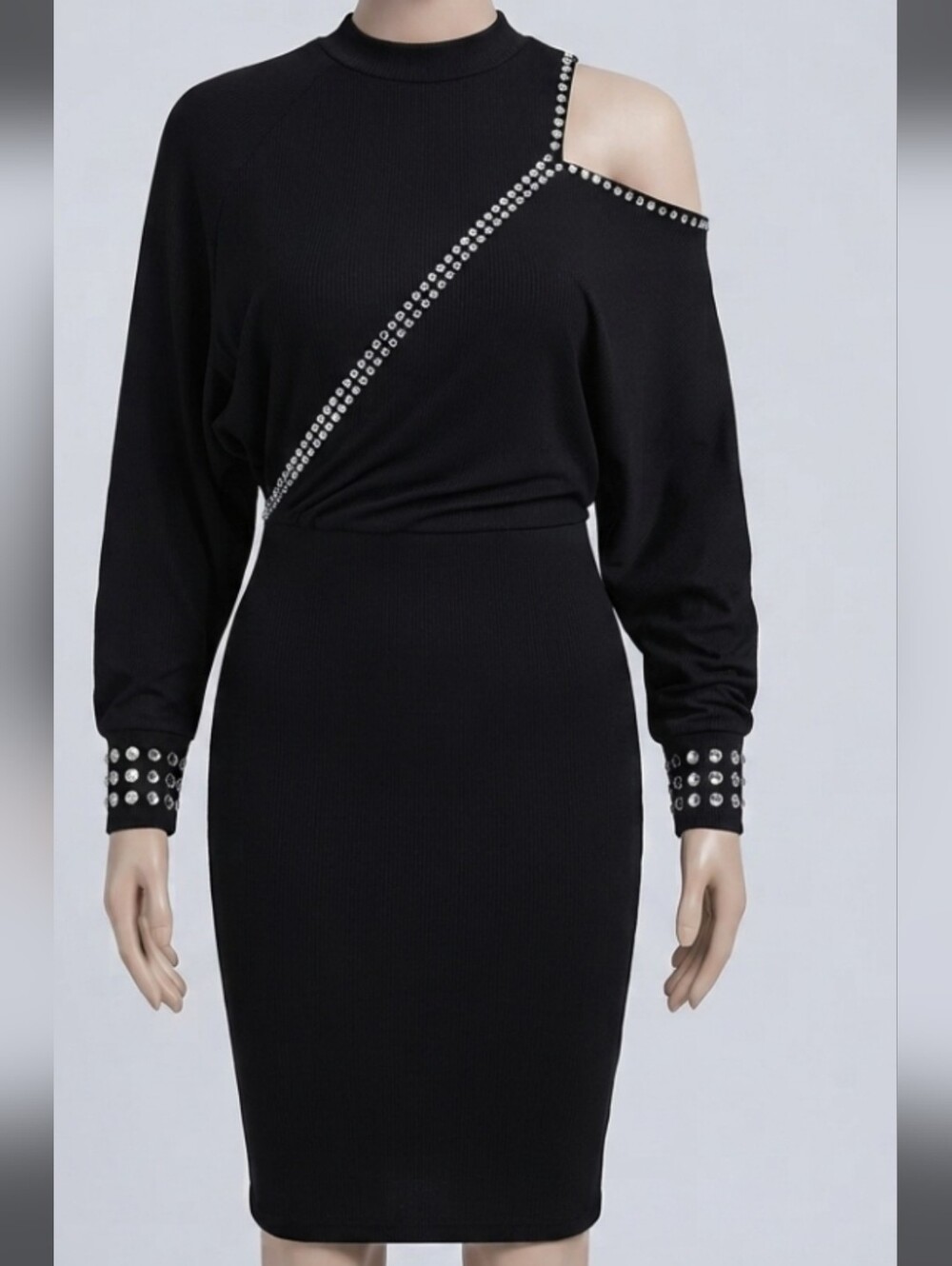 ChicMe Black Ribbed Long Sleeve Dress with Rhinestone Detail - Size XL